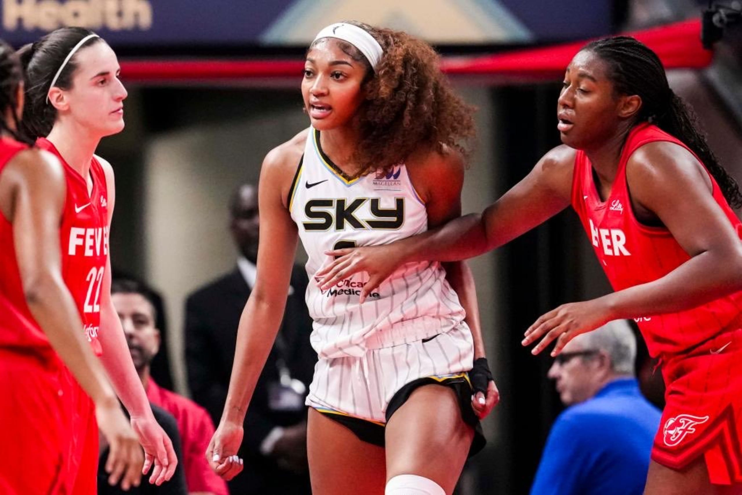 Caitlin Clark, Angel Reese and Aliyah Boston During Fever vs Sky Game in WNBA 2025