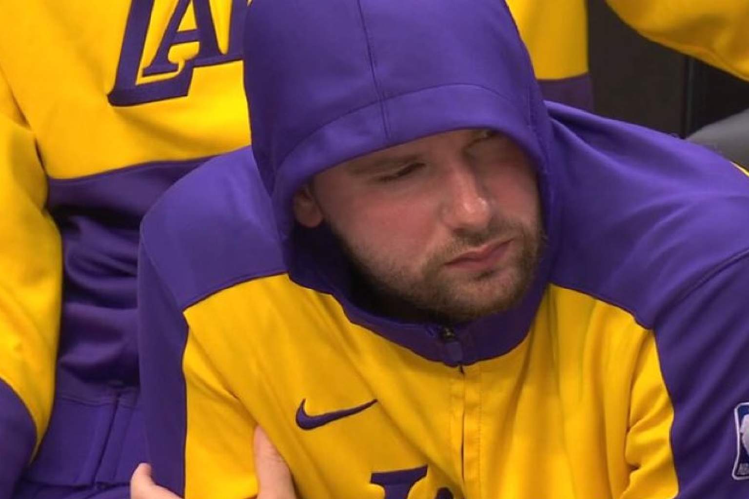 Luka Doncic sitting on bench in Game 4 of NBA Playoffs between Lakers and Timberwolves
