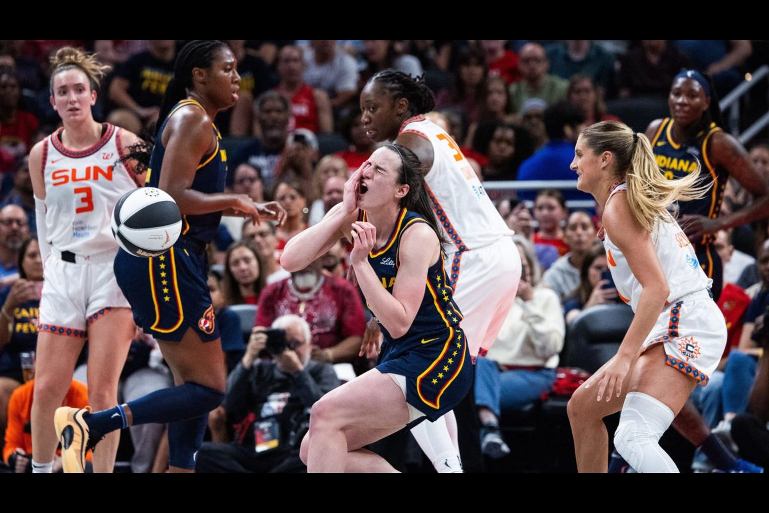 Caitlin Clark Getting Hit During Fever vs Sun Game